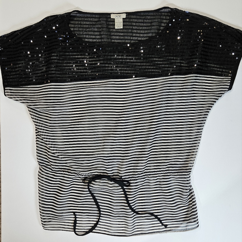 Cache Blouse Sequined Womens Medium Waist Tie Black White Striped‎ Party …
